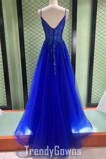 Trendy Royal Blue Tulle Junior Spaghetti-Straps A-line Prom Gown JTR054
