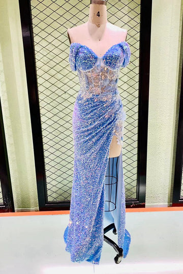 Trendy Blue Sequin Sex Slit Sweetheart Mermaid Prom Gown JTR055