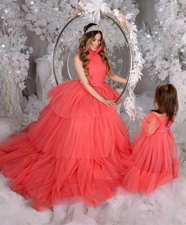 Watermelon Ruffles Tulle Mother Daughter Matching Formal Dress MGD018 Watermelon Ruffles Tulle Mother Daughter Matching Formal Dress MGD018