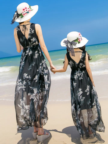 Black Maxi V-neck Beach Mother Daughter Matching Formal Dress MGD028