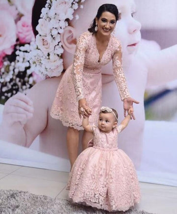 Long Sleeve Pink Lace Mother Daughter Matching Gowns MGD142