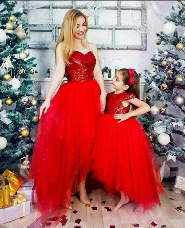 open lace back dress Boho Red Maxi Long Sleeve Beach Mother Daughter Matching Formal Dress