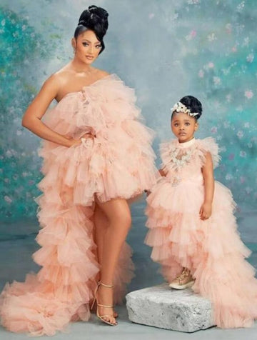 Pink Ruffles High Low Mother Daughter Matching Gowns MGD152
