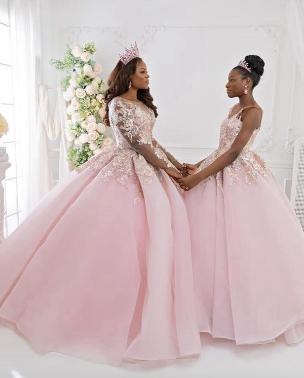 Pink Princess Long Sleeve Lace Mother Daughter Matching Gowns MGD154 Pink Princess Long Sleeve Lace Mother Daughter Matching Gowns MGD154