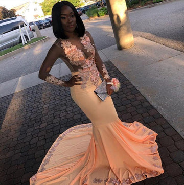 Orange Sheer Long Sleeves Mermaid Evening Gowns JTE036