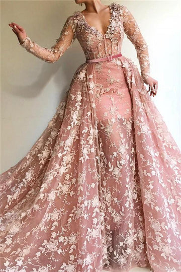 Lace Pink Long Sleeve Mermaid Prom Gowns JTE038