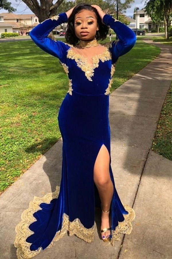 Plus Size Royal Blue Velvet Long Sleeves Mermaid Front Split Evening G Plus Size Royal Blue Velvet Long Sleeves Mermaid Front Split Evening G