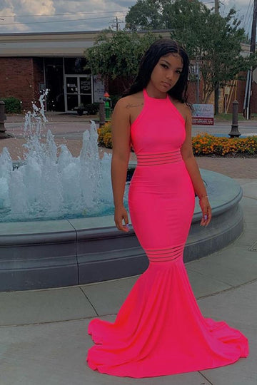 Hot Pink Mermaid Halter Evening Gown JTE062