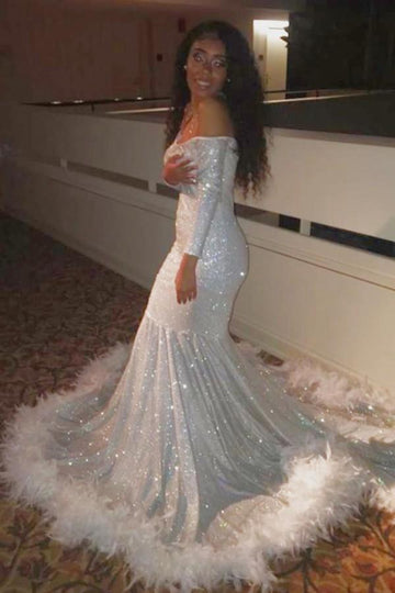 Silver Off The Shoulder Long Sleeve Mermaid Evening Gown JTE065