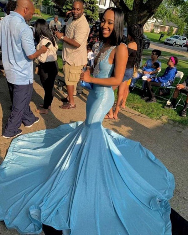 Light Blue Sexy V-neck Appliques Mermaid Evening Gown JTE067 Light Blue Sexy V-neck Appliques Mermaid Evening Gown JTE067