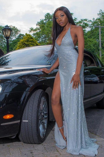 Sexy V-neck Slit Light Blue Mermaid Evening Gown JTE070