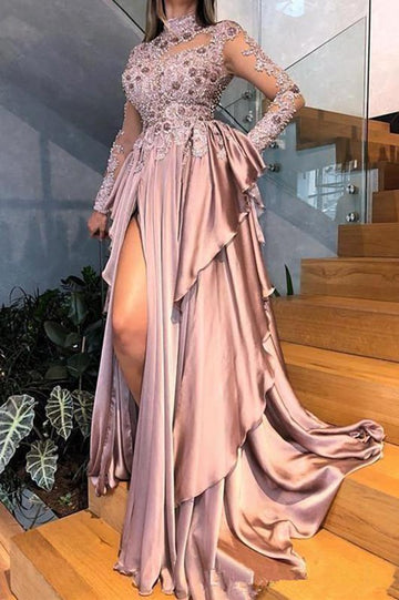 Pink Long Sleeve High Neck Lace Appliques Split Prom Gown JTE073