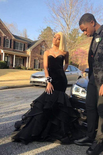 Black Sweetheart Ruffled Tulle Mermaid Prom Gown JTE075