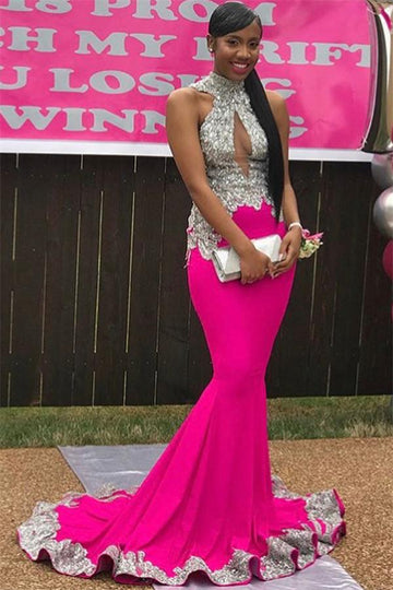 Hot Pink High Neck Applique Mermaid Evening Gowns JTE113