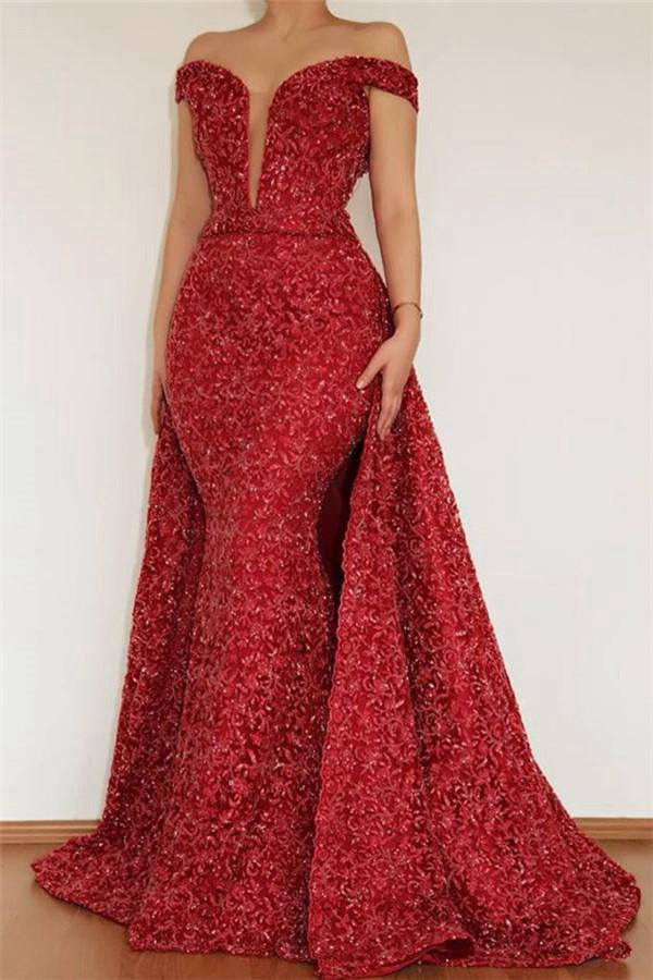 Burgundy Mermaid Off-the-Shoulder Lace Appliques Prom Dress Detachable Burgundy Mermaid Off-the-Shoulder Lace Appliques Prom Dress Detachable