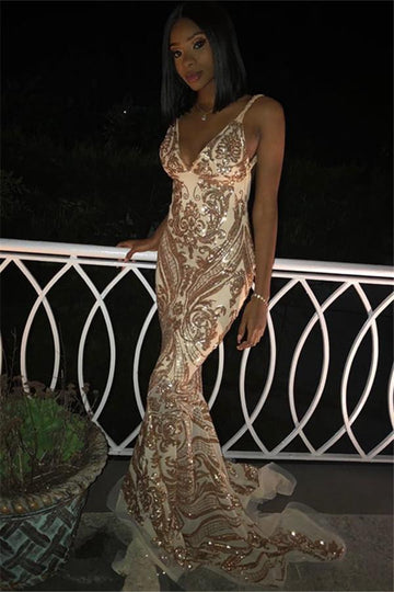 V-Neck Spaghetti Straps Gold Appliques Mermaid Evening Gowns JTE127