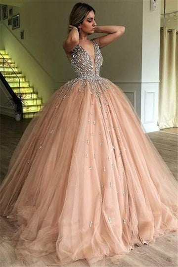 Pink Puffy V-Neck Straps Beading Ball Gown Prom Gown JTE133