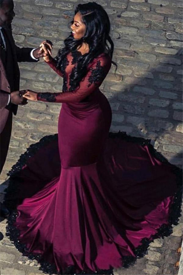 Burgundy Long Sleeve Appliques Tulle Mermaid Evening Gown JTE135 Burgundy Long Sleeve Appliques Tulle Mermaid Evening Gown JTE135