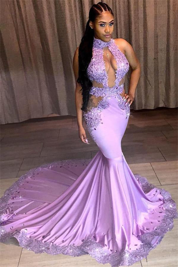 Sexy Purple Halter Appliques Lace Mermaid Evening Gown JTE137 Sexy Purple Halter Appliques Lace Mermaid Evening Gown JTE137