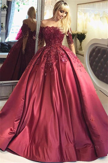 Burgundy Off-the-Shoulder Long-Sleeve Crystal Appliques Puffy Prom Gown JTE159