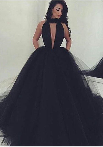 Black Halter V-Neck Tulle Ball-Gown Puffy Prom Dress JTE160