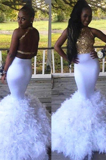 Mermaid Halter Appliques White Prom Dress JTE173