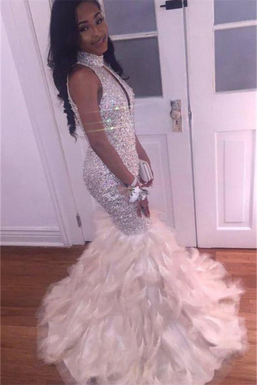 White Mermaid High Neck Crystals Evening Gown JTE175