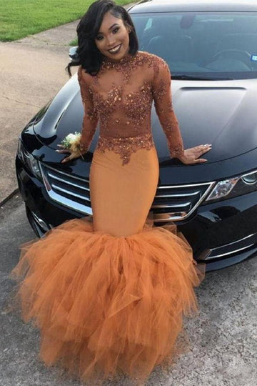 Dusty Orange Lace Appliques Mermaid Long Sleeve Evening Gown JTE176