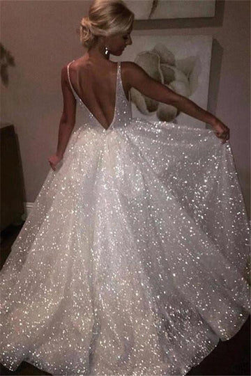 White Bling Open Back A-Line Shiny Prom Dress JTE198