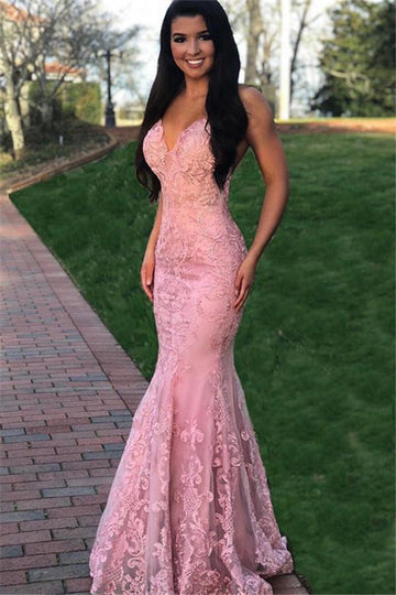 Pink Lace Applique Gorgeous Mermaid Evening Gowns JTE224