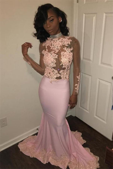Pink High Neck Long Sleeve Mermaid Evening Gowns JTE227