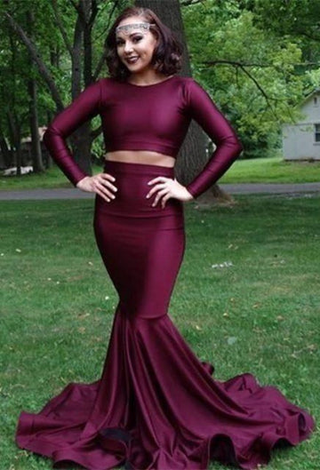 Burgundy Two Piece Long Sleeve Mermaid Evening Gowns JTE236