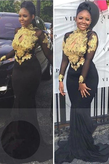 Black Long Sleeve Lace Mermaid Evening Gowns JTE237