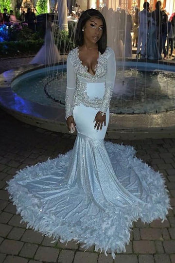 Trendy Long Sleeve V-neck Luxurious Feather Mermaid Evening Gowns JTE248