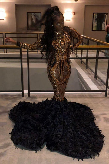 Trendy Long Sleeve Sequined Black High-neck Mermaid Evening Gowns JTE258