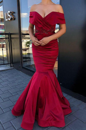 Off-the-shoulder Burgundy Mermaid Evening Gowns JTE260