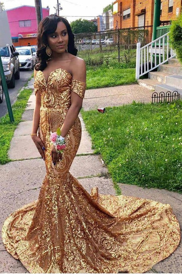 gold off the shoulder mermaid prom dress Rose Gold Mermaid Prom Dresses Sequin Off Shoulder Lisposa