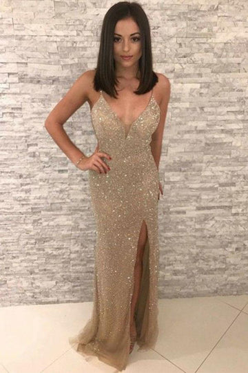 Champagne Spaghetti Strap Sheath Evening Gowns JTE271