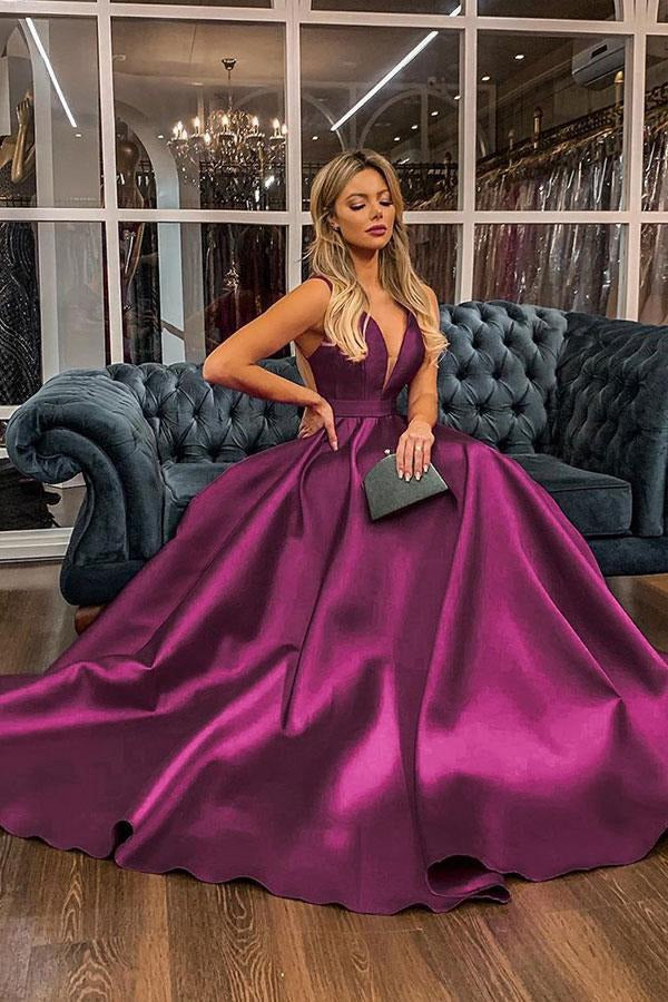 Dark Fuchsia V neck A Line Prom Gown JTE278