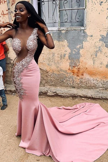 Pink Lace Appliques Court Train Sheer Mermaid Evening Gown JTE284