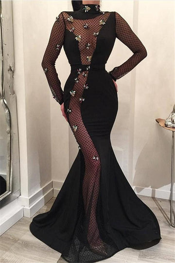 Trendy Black Mermaid High-Neck Long-Sleeves Evening Gowns JTE355