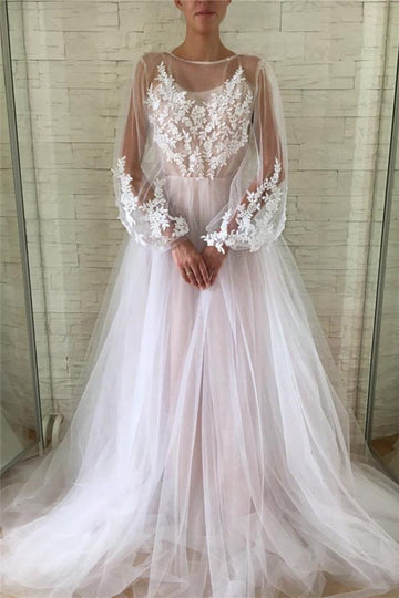 White Tulle Lace Appliques Bubble Sleeves Evening Gowns JTE361