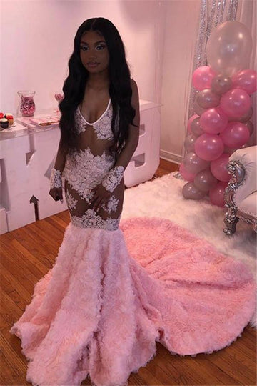 Pink Mermaid Long Sleeve Flowers V-neck Sheer Evening Gowns JTE369