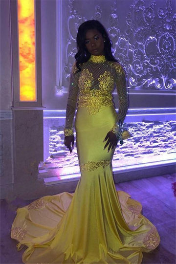 Long Sleeve High Neck Beads Appliques Mermaid Evening Gown JTE388
