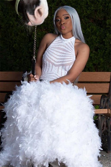 White Halter Feather Fit Flare Mermaid Evening Gown JTE390
