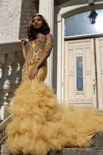 Gold Beads Appliques Off-the-Shoulder Ruffles Mermaid Evening Gown JTE393