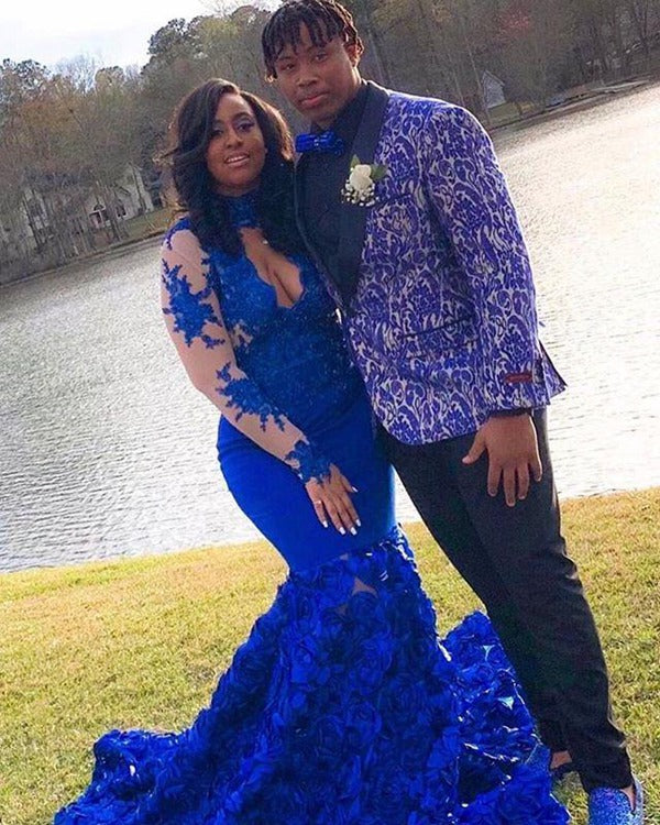 Long Sleeves Lace Appliques Royal Blue Mermaid Evening Gown JTE400 Long Sleeves Lace Appliques Royal Blue Mermaid Evening Gown JTE400