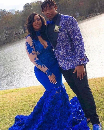Long Sleeves Lace Appliques Royal Blue Mermaid Evening Gown JTE400