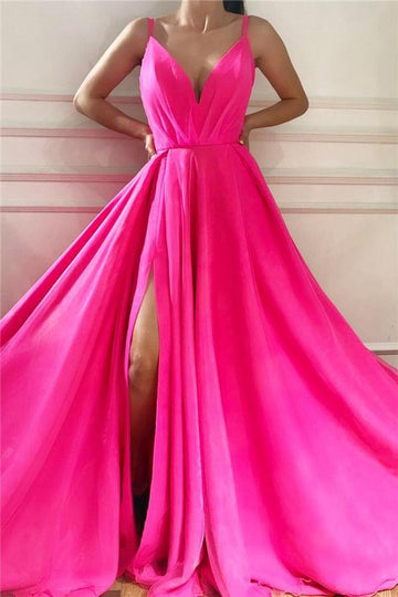 Fuchsia Straps V-neck Front Slit Prom Gown JTE410