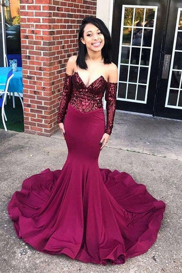Burgundy Off-the-Shoulder Appliques V-neck Long Sleeve Mermaid Evening Gown JTE424